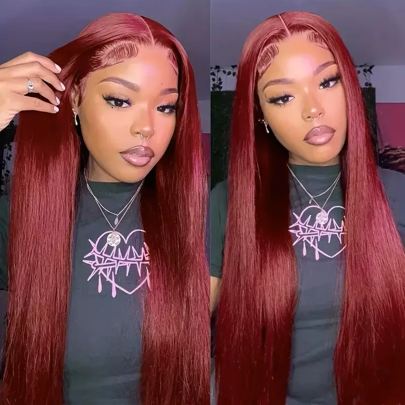 13x6 99J Burgundy Bone Straight Lace Front Wig Red Colored Human Hair Wigs For Women Brazilian Remy Transparent Lace Frontal Wig