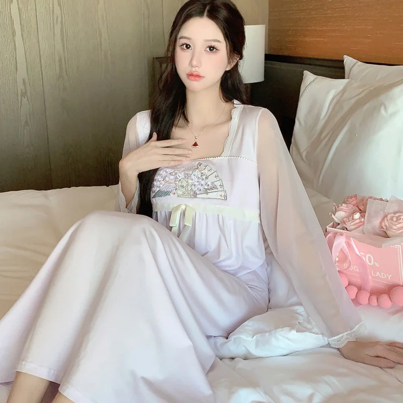 Female New Chinese Court Style Long Nightgown Embroider  Mesh Bathrobe Sleepwear Summer Nightdress Casual Modal Home Wear