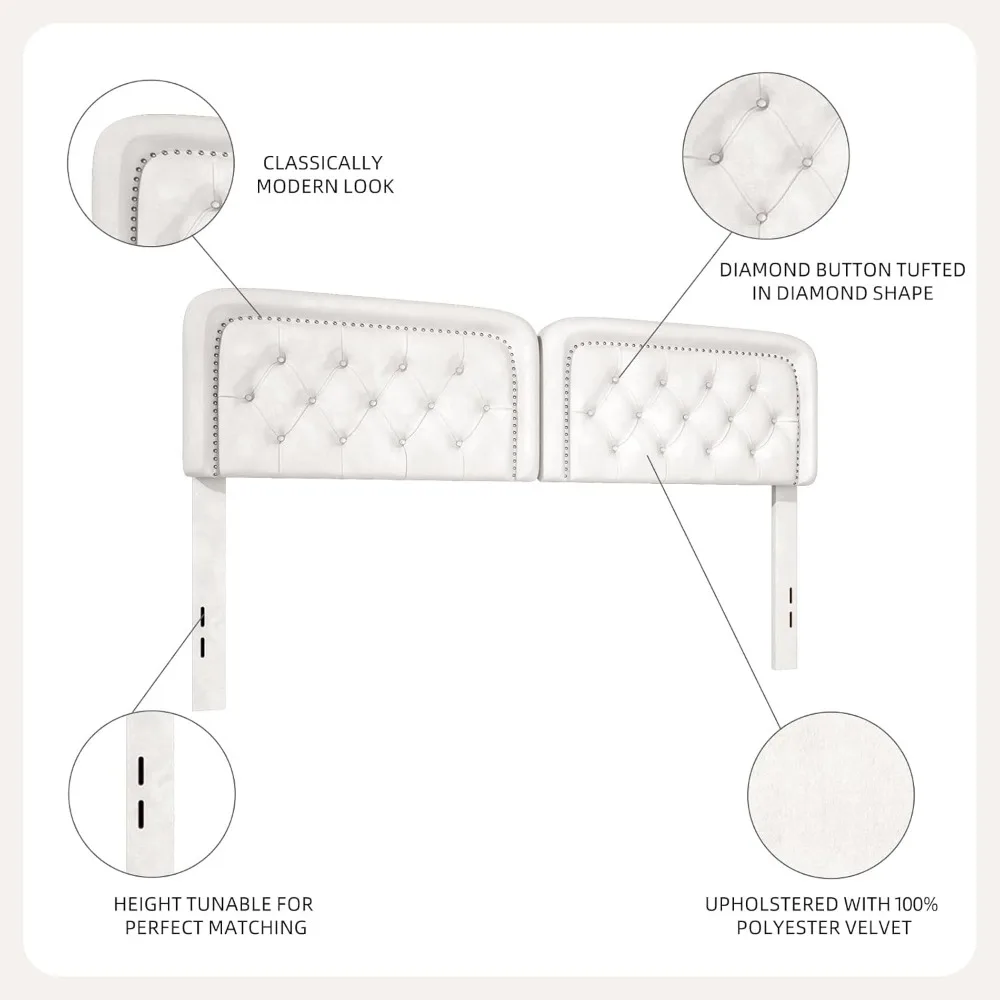 لوح رأسي منجد بحجم كوين مع ارتفاع قابل للتعديل، معنقدة بأزرار، إطار من الخشب الصلب، زخرفة رأس الأظافر، متين وأنيق