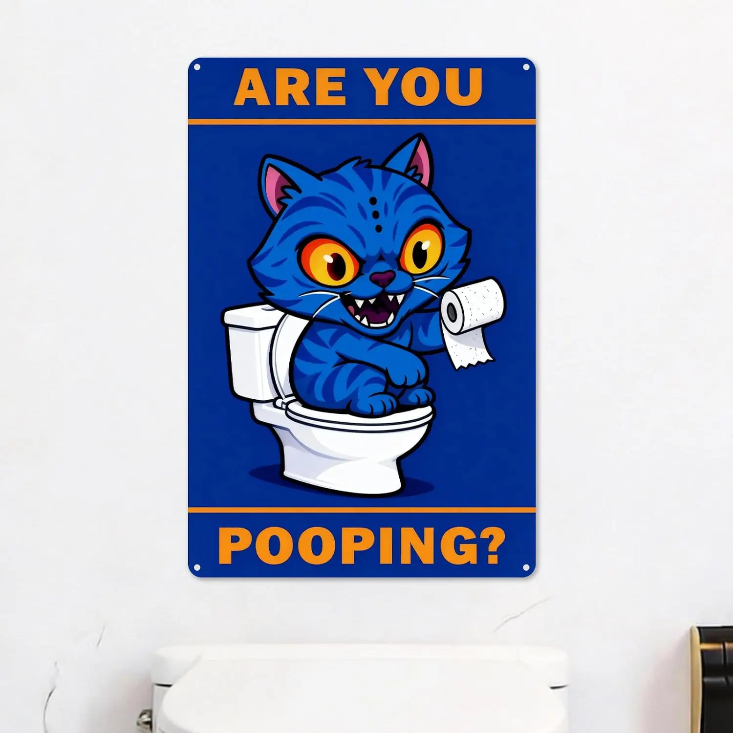 Derpy Demon Tiger Bathroom Metal Tin Sign, Funny Are You Pooping Vintage Humorous Wall Art with Retro Quote, Unique Bathroom &am