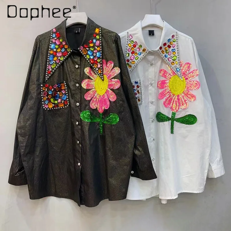 Spring Autumn Heavy Industry Beads Flower Shirt Women Fashion Brand Loose Pointed Collar Single-Breasted Contrast Color Shirt