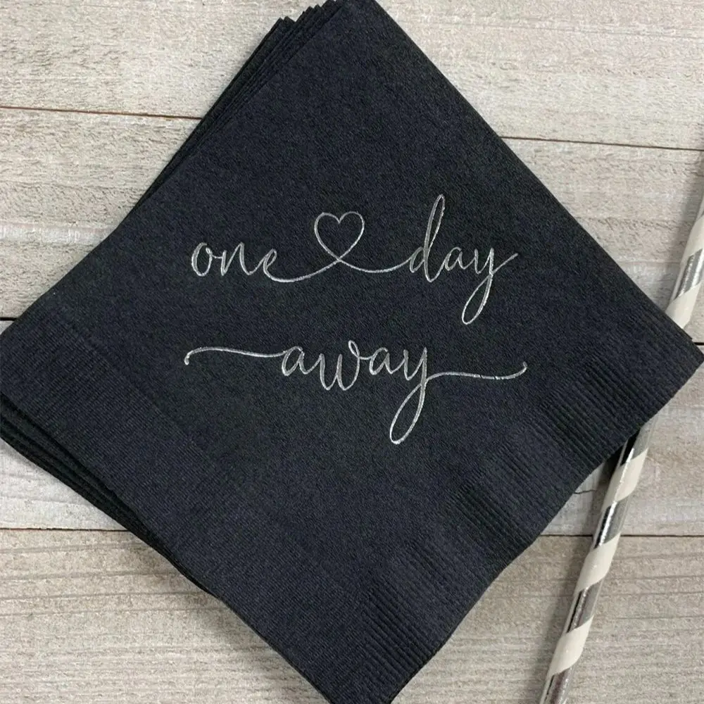 

50PCS Rehearsal Dinner Napkins Wedding Party Cocktail Beverage Size One Day Away Black with Metallic Silver Foil Print