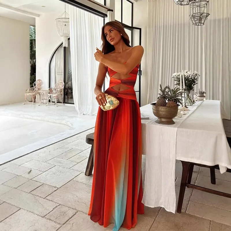 

European American Hot Sale Strapless Hollow Out Holiday Beach Cross Hem Sleeveless Dress