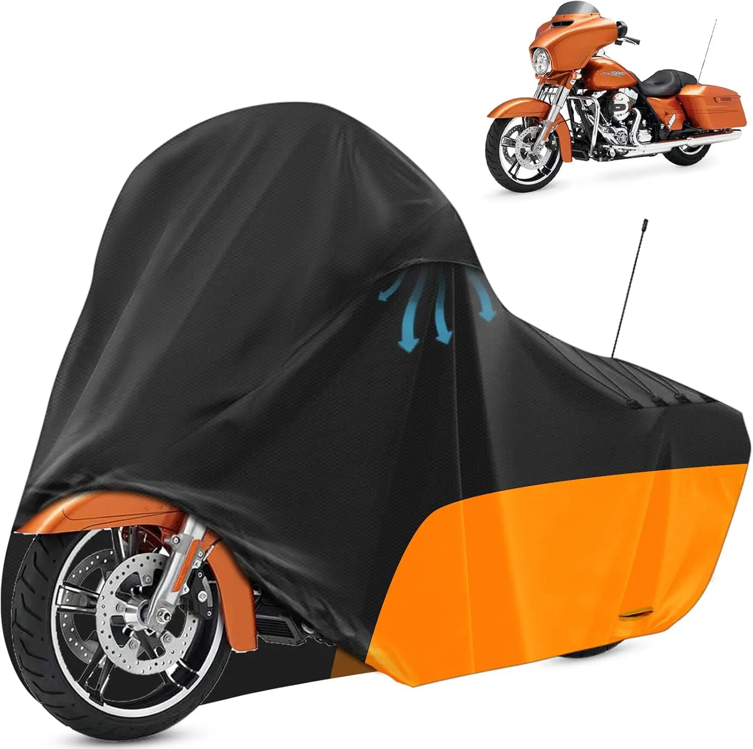 

Universal Motorcycle Cover with Vents - All-Weather Waterproof Protection for Touring Bikes (Black & Orange)