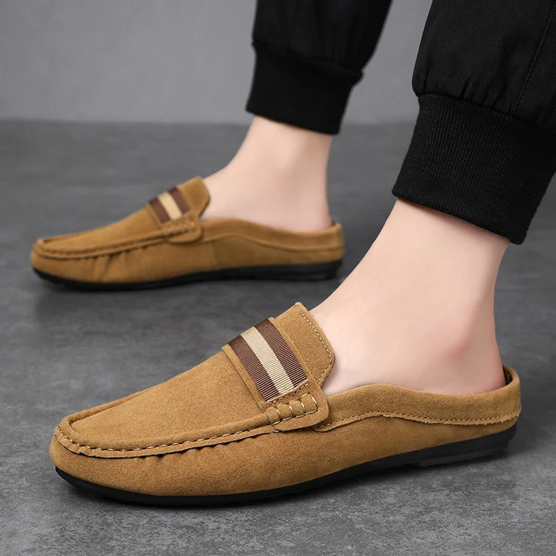 Fashion Sheepskin Mens Half Slippers Breathable Mens Casual Shoes Outdoor Men Loafers Lazy Shoes Flats Comfortable Male Sneakers