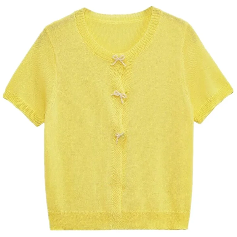 صيف 2025 وصول جديد جاكيت نسائي متماسك بتصميم متعدد الاستخدامات مزين بعقدة فراشة من اللؤلؤ الصناعي 473005 ستايل مريح بأكمام ق... #2