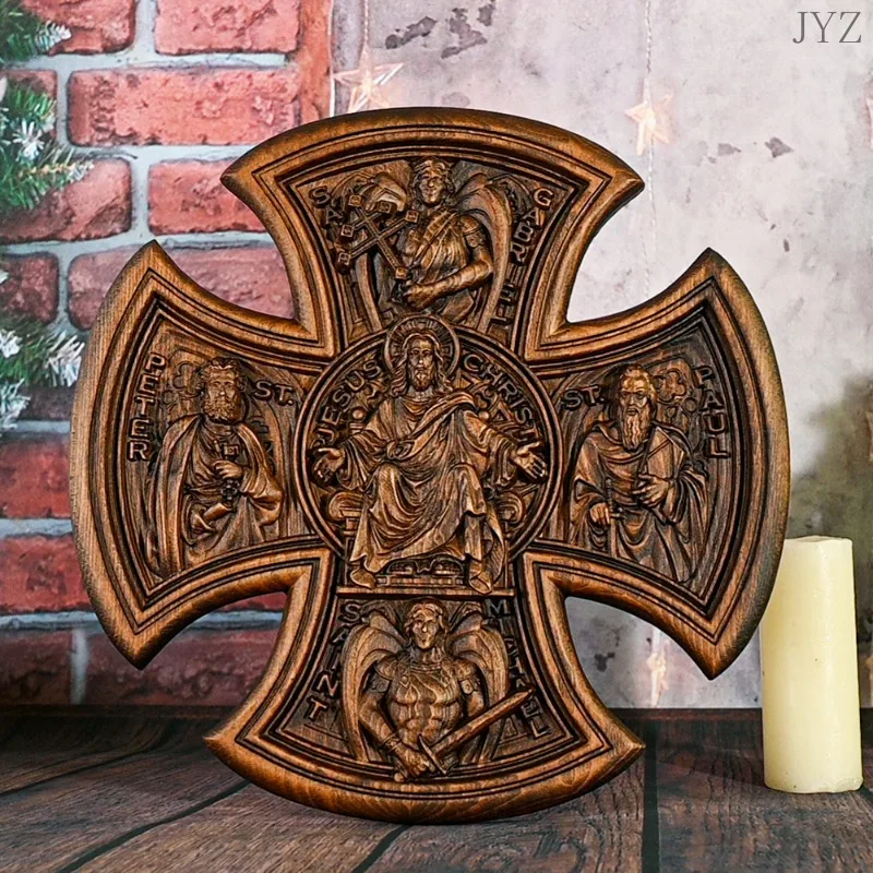 

Trinity Jesus and Mary Wooden Cross Catholic Home Decor, Wall Hanging Statue, Christ Gift