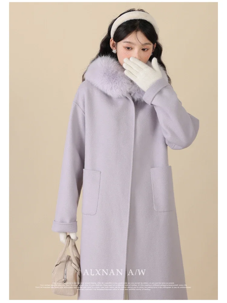 

ALXNAN Light Purple Wool Coat Women 2024 Autumn Winter Warm Solid Sweet Straight Single Breasted Long Sleeve Overcoat LXN323112