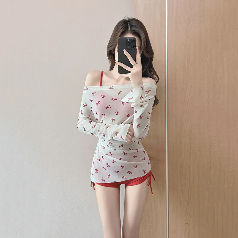 3 قطعة/المجموعة 2025 الصيف بيكيني ملابس السباحة للنساء مثير بيكيني طويلة الأكمام الشمس واقية أعلى القوس ملابس الشاطئ عطلة زي