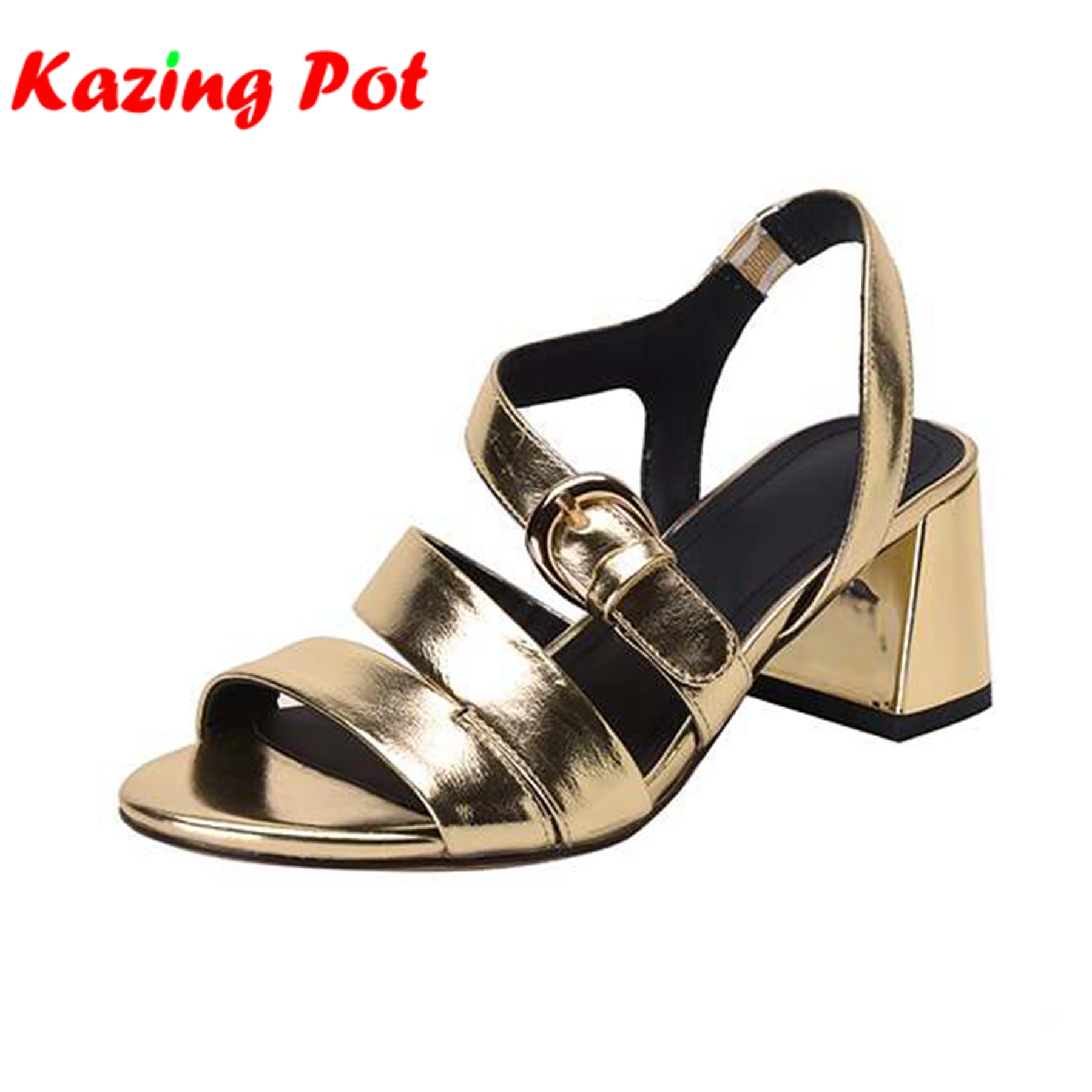 Krazing Pot Genuine Leather Peep Toe Summer Thick High Heels Gladiator Fashion Buckle Straps Golden Silver Color Women Sandals