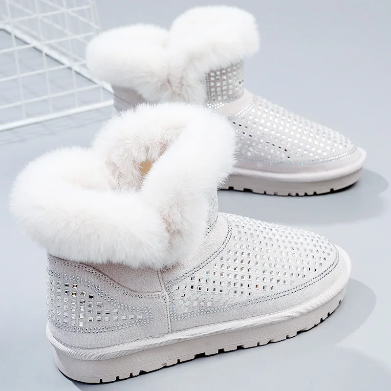 2022 New Women Boots Waterproof Snow Boots Woman Fashion Bling Comfort Furry Warm Flat Botins Ladies Casual Slip-on Cotton Shoes