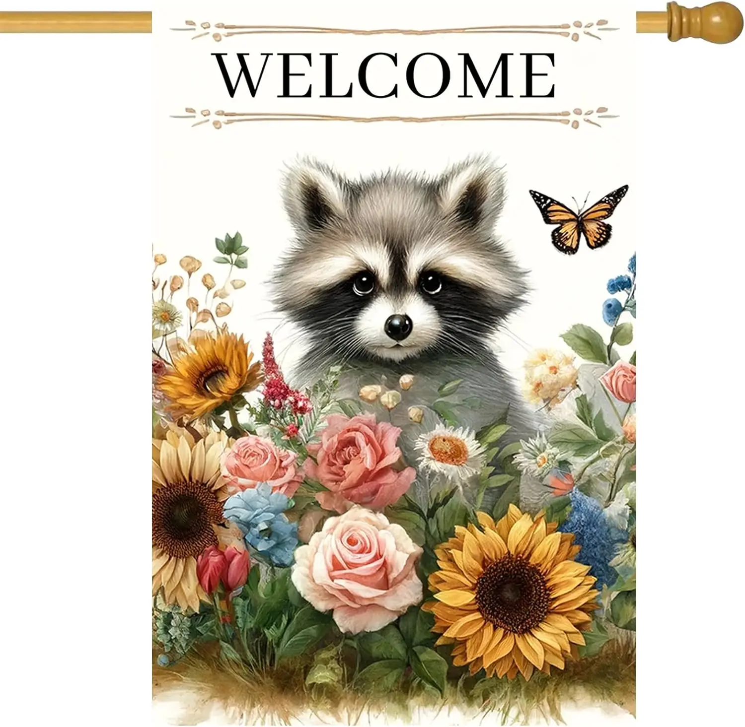 Raccoon House Flag 28 x 40 Inch Double Sided Spring Summer Garden Banner with Wildflower Butterfly and Welcome Design for Ou LLG