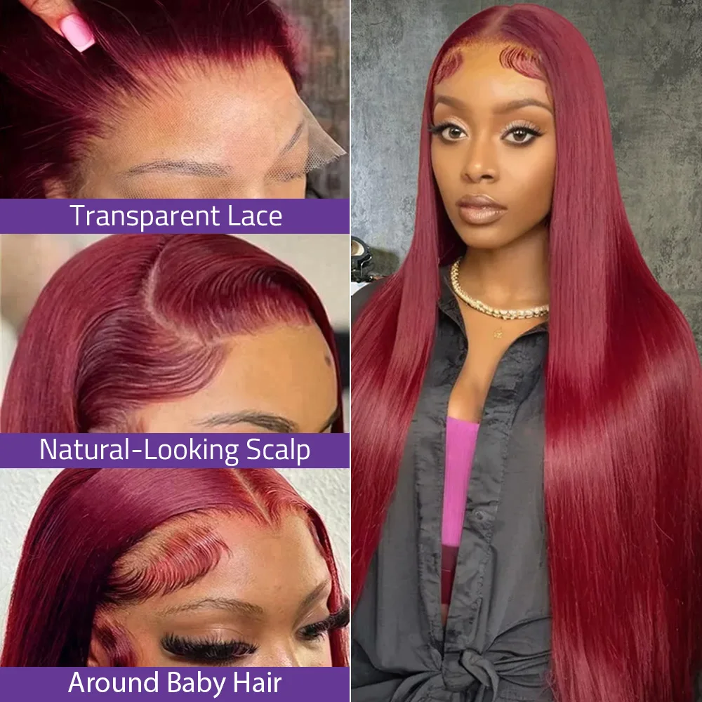 200 الكثافة 99J الملونة 13x6 HD الدانتيل الباروكة الأمامية مستقيم بورجوندي 13x4 الدانتيل الشفاف الجبهة خصلات الشعر المستعار الإنسان البرازيلي