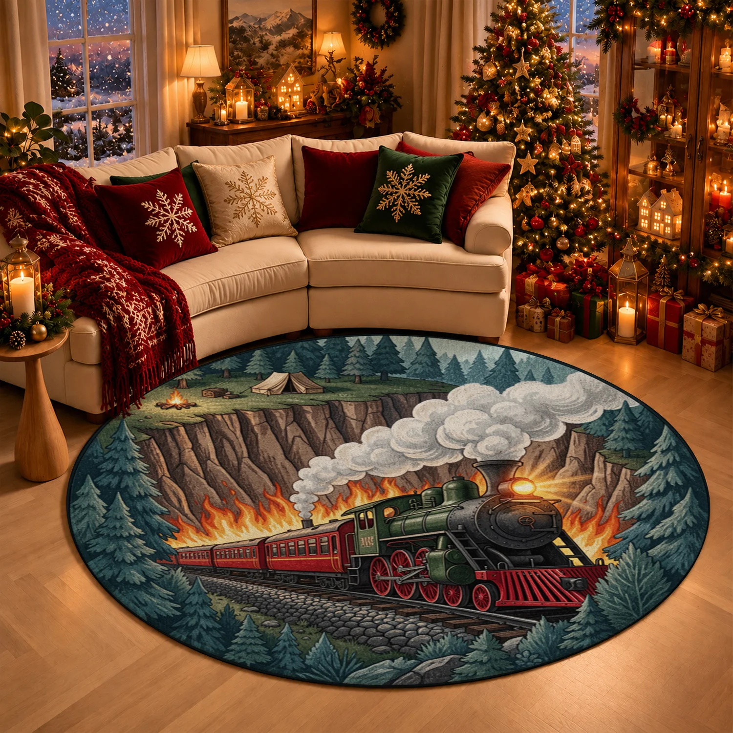 Vintage Steam Train Forest Camp Round Velvet Rug Machine Washable for Living Room Bedroom Entryway Halloween Thanksgiving Black Friday Christmas New Year