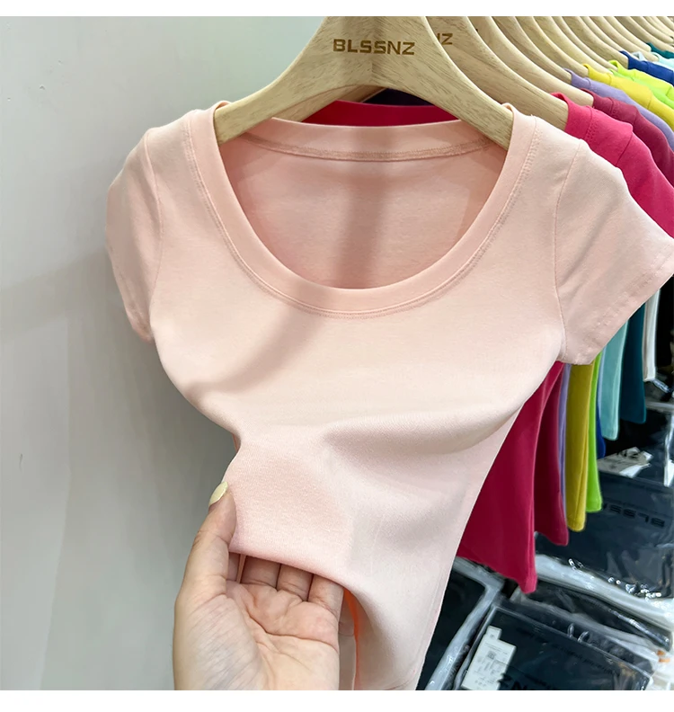 2026 Sexy Quadratischer Ausschnitt Slim T-Shirt Damen Baumwolle Elastisch Basic Einfarbig Lässige Oberteile Kurzarm Dünne T-Shirts Transparent – Detail 14