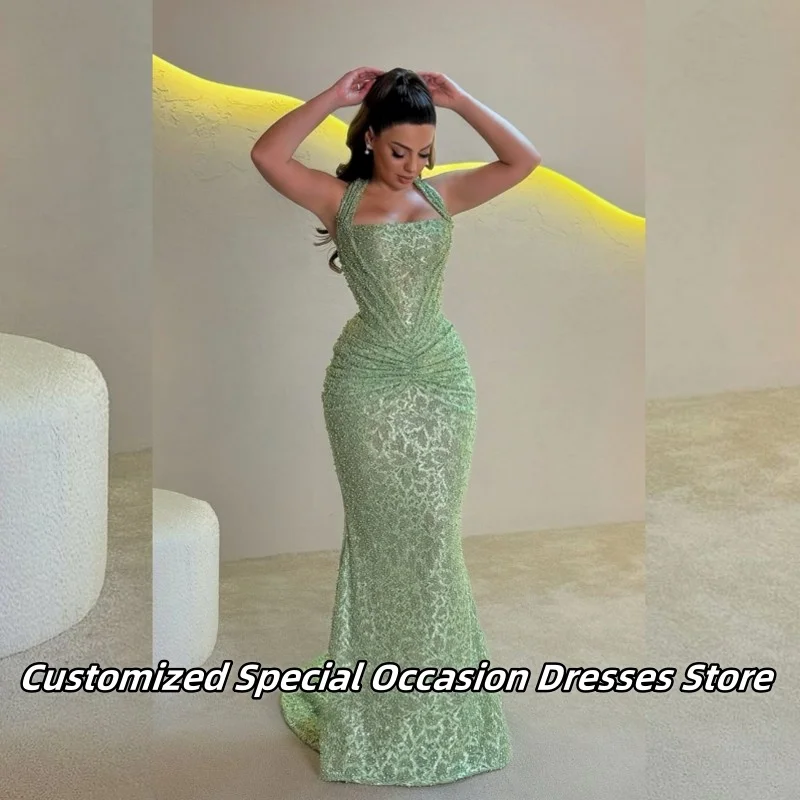 Hellgrüne ärmellose Abendkleider mit Neckholder für afrikanische Mädchen, luxuriöses Perlen-Meerjungfrau-Hochzeitskleid, Ballkleider, individuell gestaltet