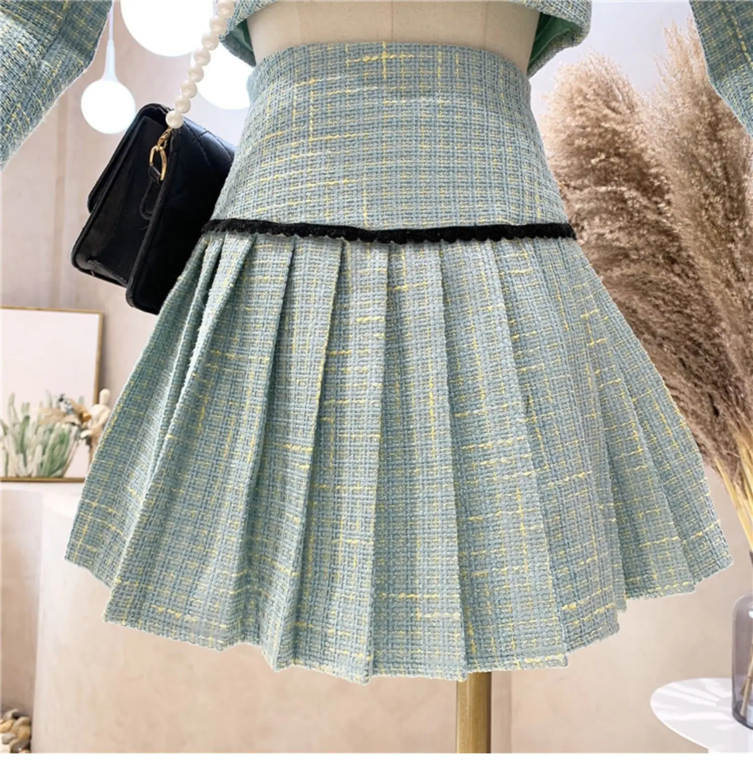 Small Fragrance Tweed 2 Piece Set Women Bow Short Jacket Coat + Skirt Suits Sweet Outfits Vintage Small Fragrance Two Piece Sets