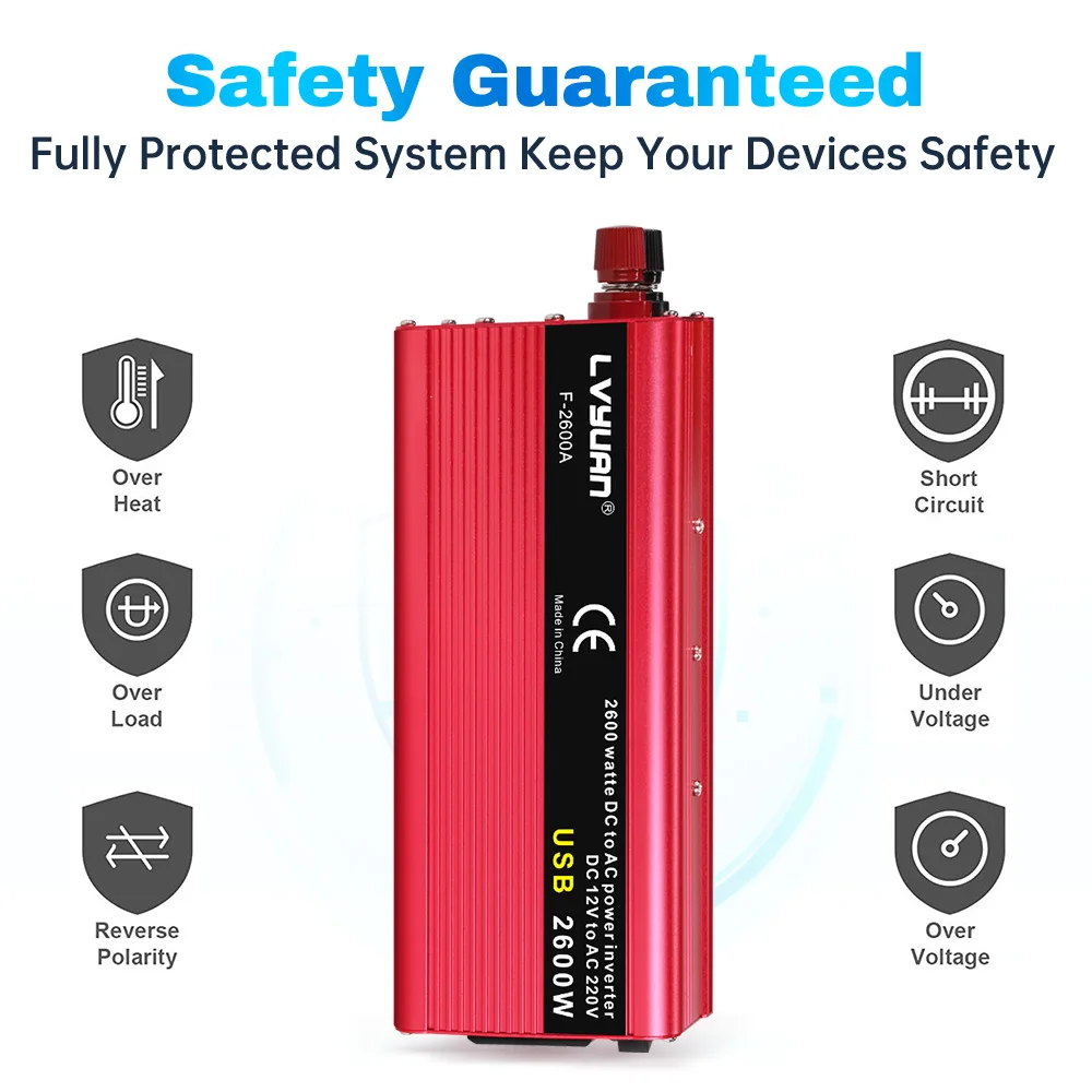 1500W/2000W/2600W DC12V/24V to AC220V Power Inverter Modified Sine Wave Car Charge Converter 50Hz/60Hz Dual USB Universal Socket