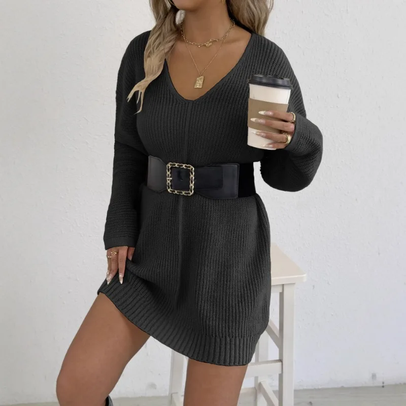 Damen-Pullover mit tiefem V-Ausschnitt, sexy, lässig, Herbst- und Winter-Basishemd, lockeres Kleid mit langen Ärmeln