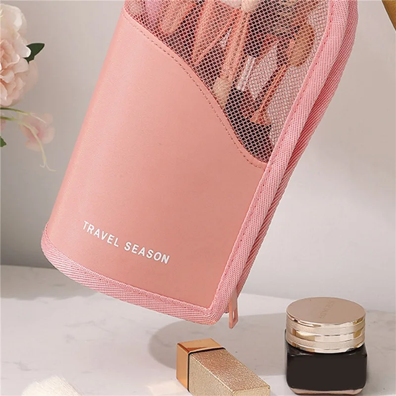 Makeup Brush Case Makeup Brush Holder Travel Waterproof Cosmetic Bag Stand-up Foldable Makeup Cup with Zipper (Black + Pink)