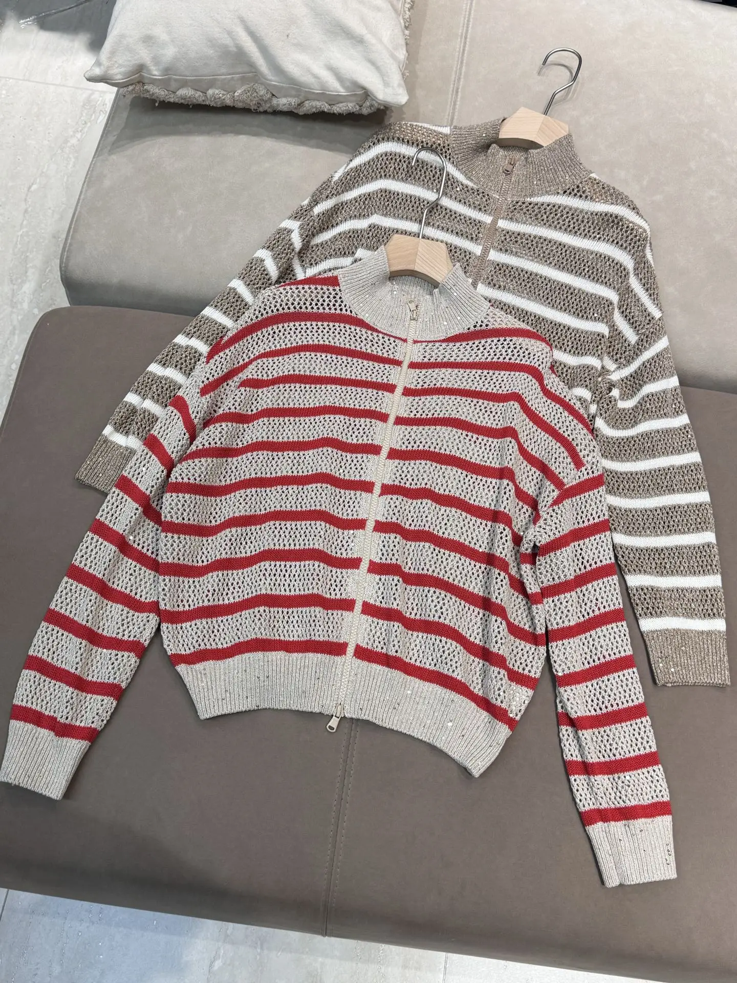 Spring Summer 2025 Women Stripe Mesh Linen Zip-Up Cardigan