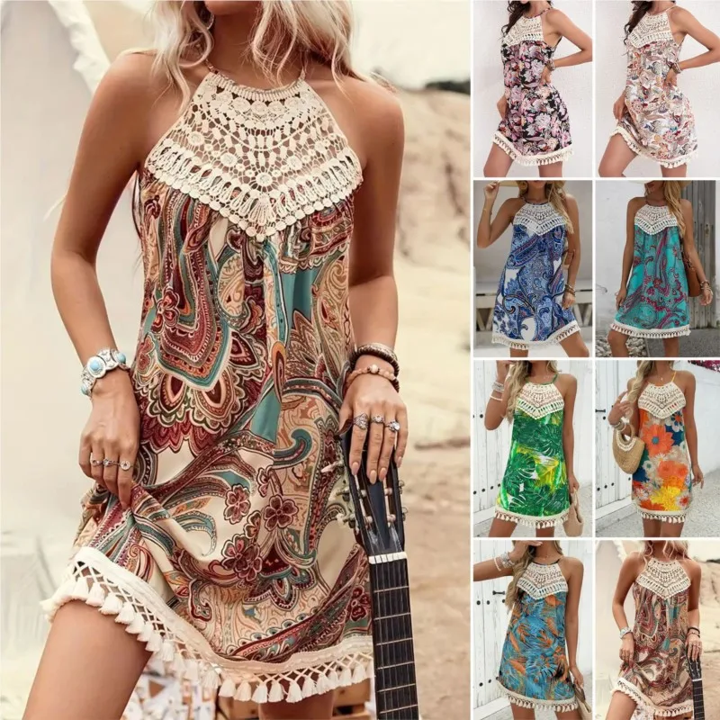 

Lace Splicing Dress Sleeveless Halterneck Style 2026 New Fashion Casual Women Paisley Print Round Neck Tassel Mini A-line Dress
