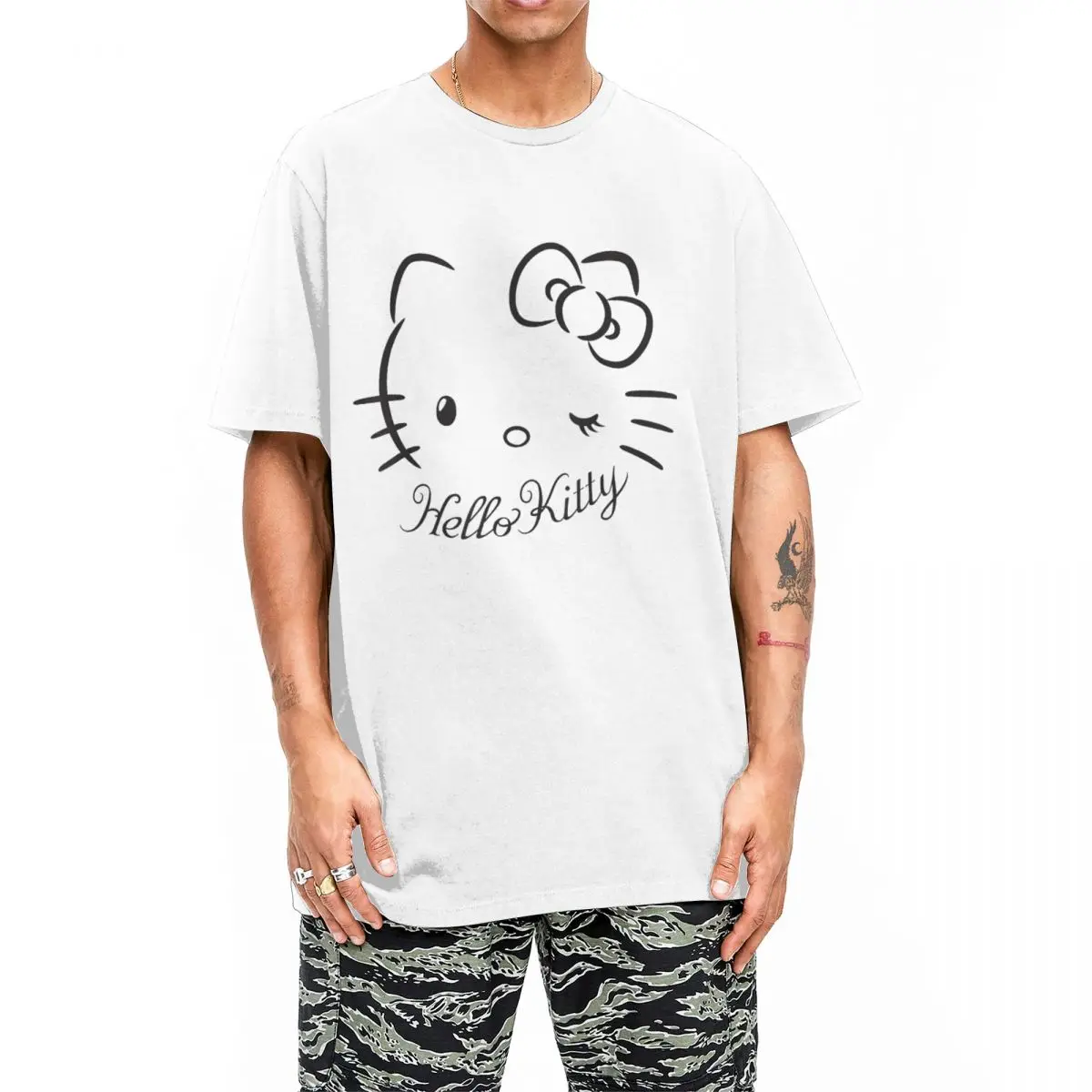 Hello Kitty Winking T-Shirts for Men Women Awesome Pure Cotton Tees Round Neck Short Sleeve T Shirts Plus Size Clothing