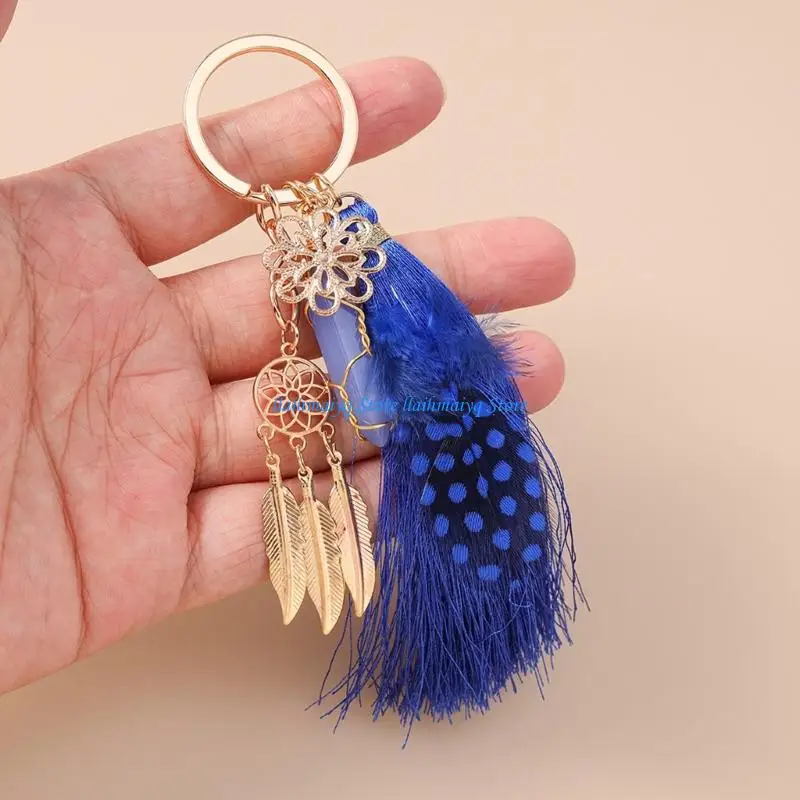 573B Elegant Dreamcatcher Inspired Keychain Hexagonal Bead Faux Furs Tassels Keyring Stylish Accessory Handmade Gift