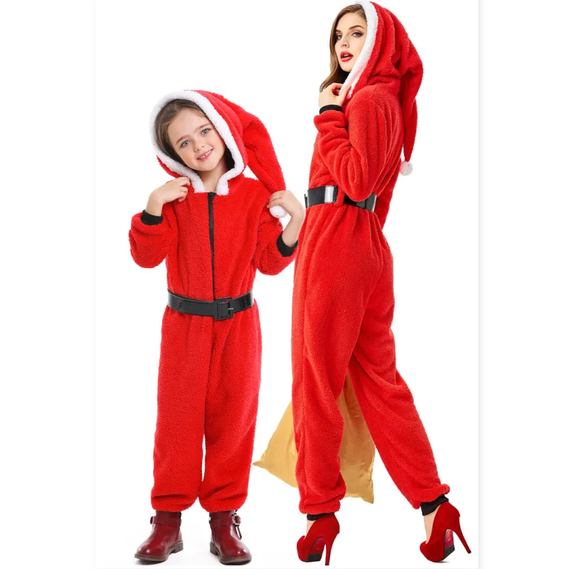 Christmas Santa Claus Parent-Child Costume Suit Mom and Daughter Xmas Party Cosplay Christmas Elf Coral Fleece Jumpsuit Pyjamas