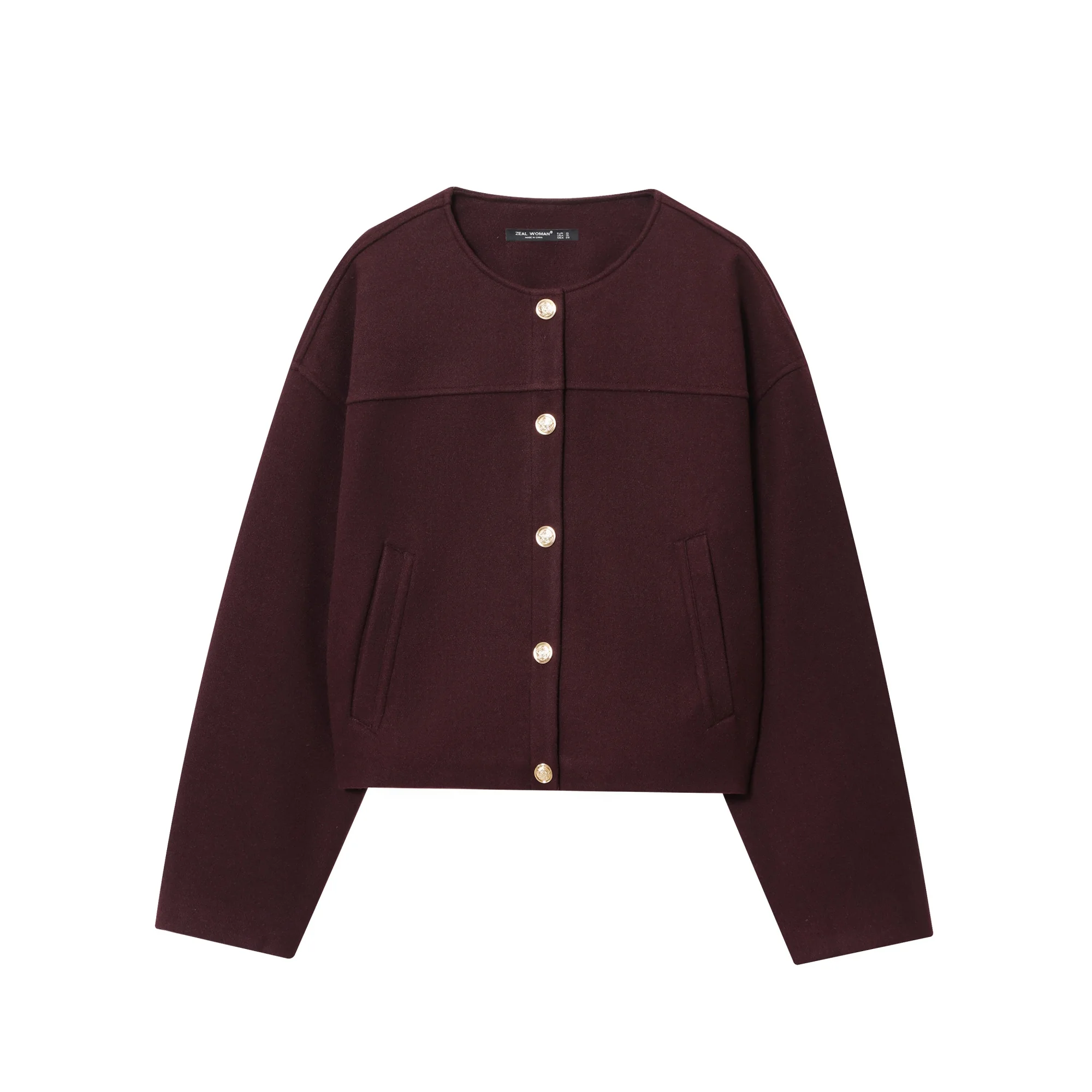 

Women Solid Color O-Neck Short Jacket Coats New Autumn And Winter With Gold Buttons Woolen Texture Coat Elastic Hem Chic Outerwe