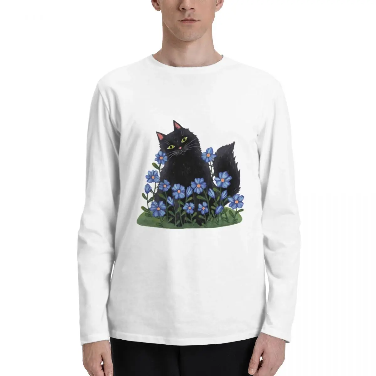 Black_Cat_and_Blue_Flowers Premium Men's Long Sleeve Tee - Classic Design with Superior Comfort for All-Day Wear