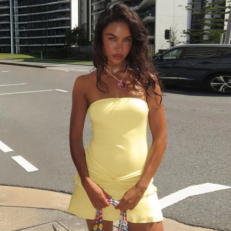 DSMTRC Abiti da vacanza estivi da donna Senza spalline Pieghe gialle solide Mini abito con spalle scoperte Abiti eleganti da festa per club