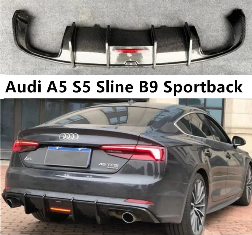 Rear Bumper Diffuser For Audi A5 S5 Sline RS5 Sportback B9 2017 2018 2019 Trunk Door Lip Spoiler Carbon Fiber(With LED Light )