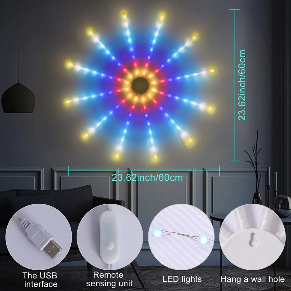 Tira de luces LED de fuegos artificiales RGB, luz de fuegos artificiales con Control remoto que cambia de Color de ensueño, 18 modos, decoración de Navidad para sala de estar, regalo