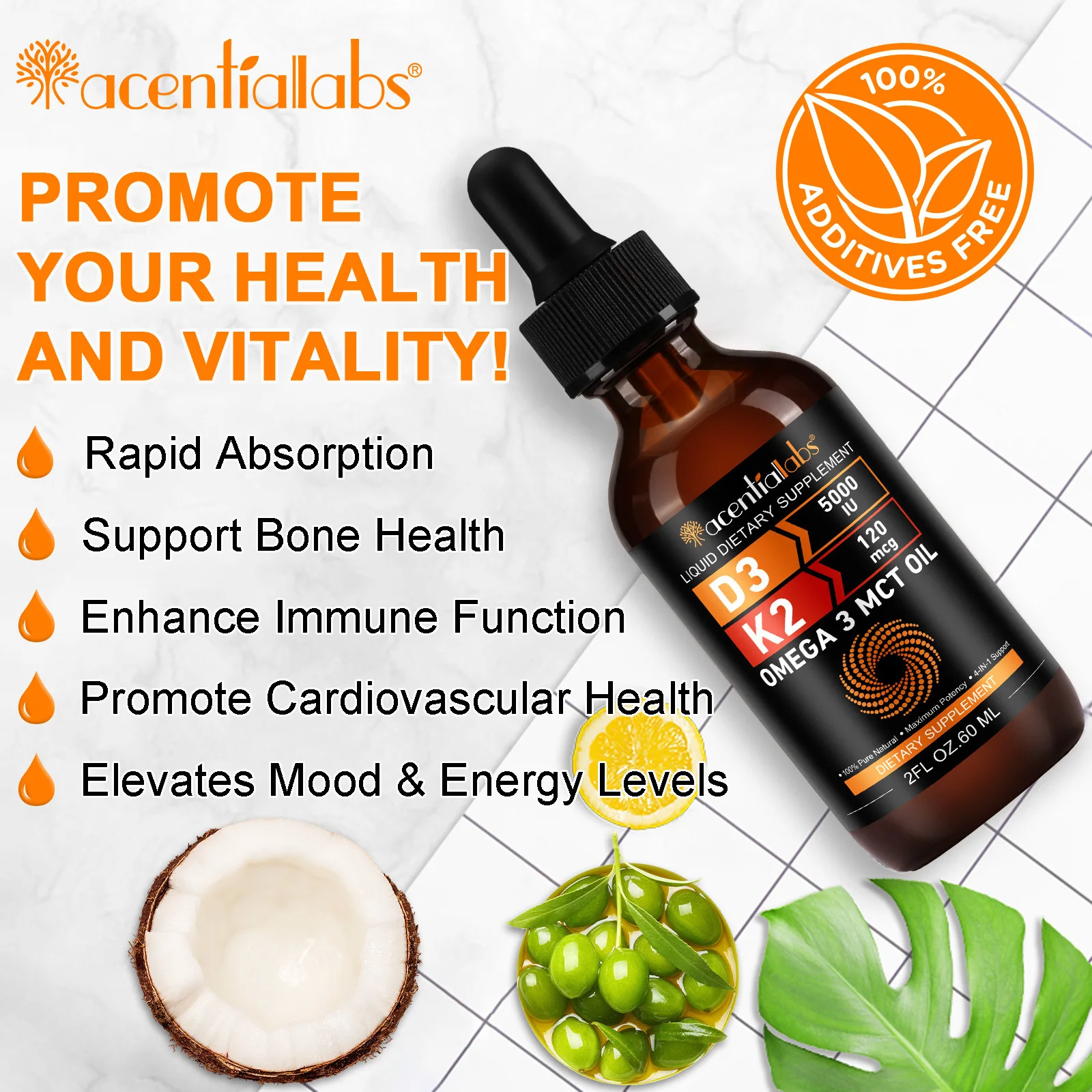 Vitamin D3 K2 Omega-3 Drops,Supports Bone Strength & Calcium Absorption,With 5000 IU D3, 120 Mcg K2,MCT Oil & Chia Seed Oil,60ml