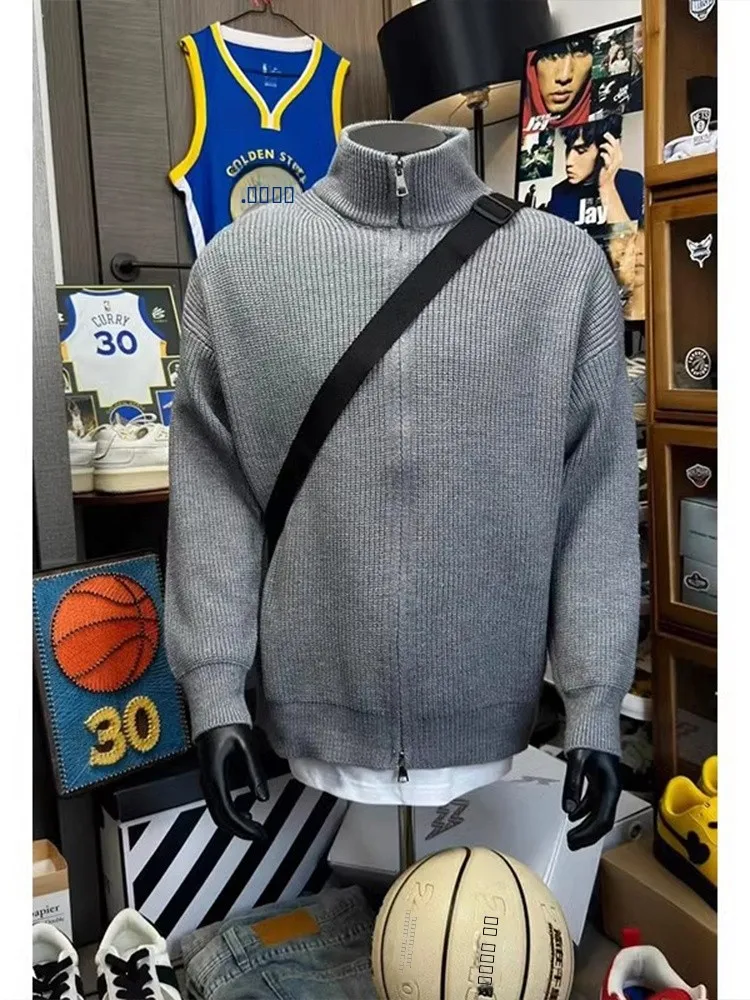 

ay Double Zipper Cardigan Sweater Men's Autumn Winter American Retro Jaet Cleanfit High-End Feeling Stand Collar Knitted ...