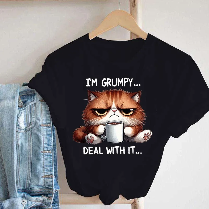 New Funny Cat I'M Grumpy Deal with Is T Shirt Unisex Short Sleeve O Neck Summer Casual Letter Printing Women Cute Kitten Top Tee