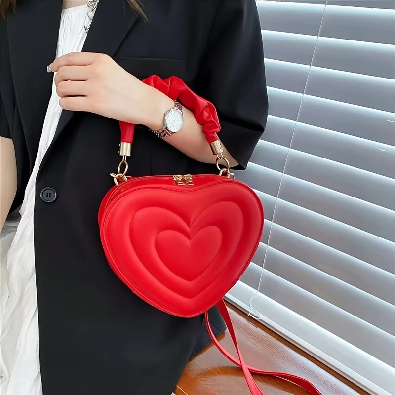 

Trendy Heart Shape Quilted Crossbody Bag, Solid Color Pleated Handle Bag, Perfect Causal Shoulder Bag For Daily Use, Valentine's