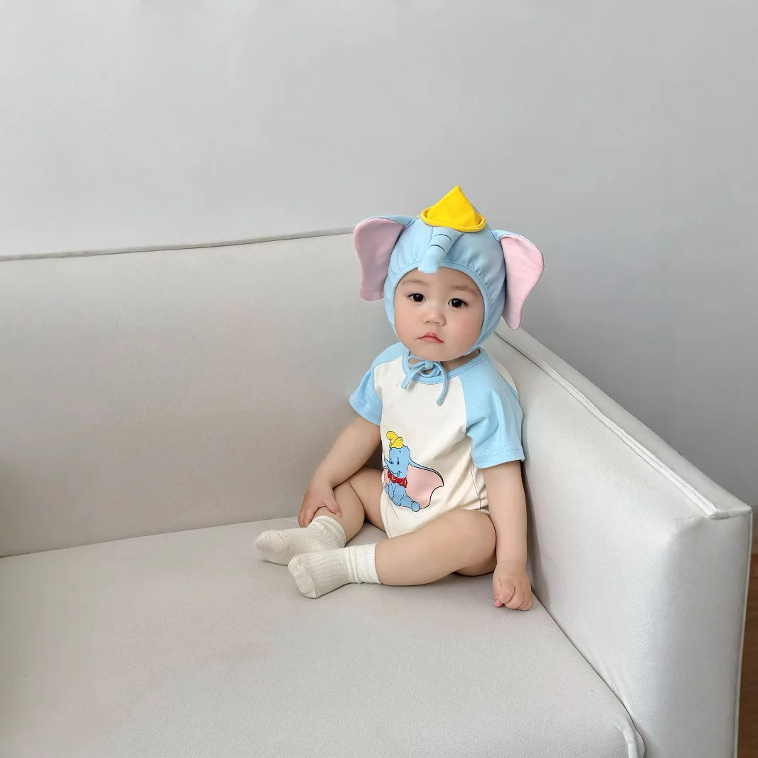 Onesie Bayi Gambar Gajah 3D dengan Set Topi Baju Monyet Lengan Pendek Pakaian Bodysuit Bayi Baru Lahir Pakaian Musim Panas Kostum Hewan Lucu