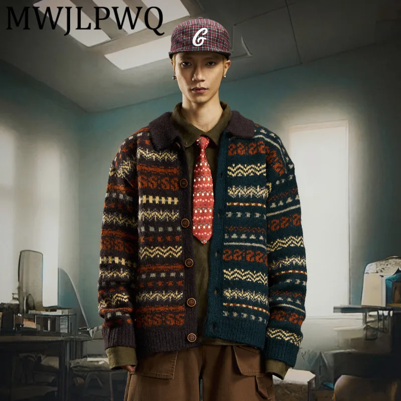 

MWJLPWQ High-End Color-Block Loose Button Collar Knitted Cardigan Sweater Male Lapel Single Breasted Casual Thickened Tops 12540