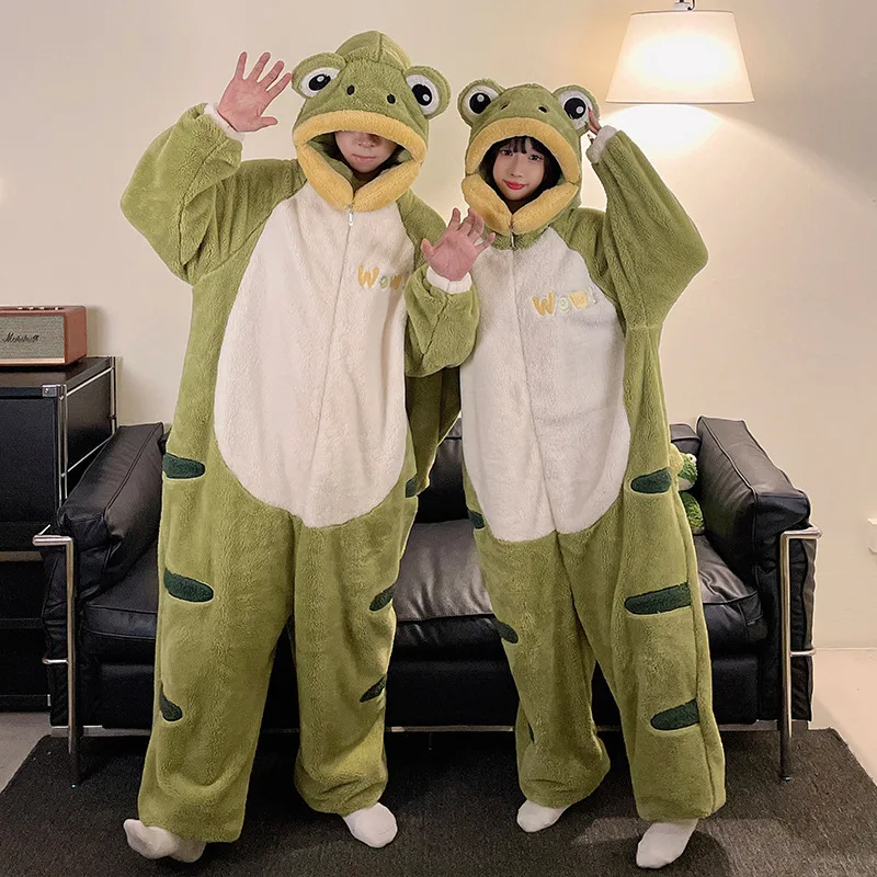 

Frog Cartoon Cute Sleepwear for Couples Winter Flannel Nightwear with Hooded Big Size M-3XL Onesies Women and Men Home Clothes
