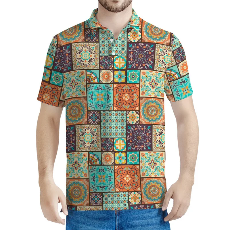 Bohemian Patchwork Graphic Polo Shirt For Men Women 3d Printed Tee Shirts Tops Street Button T-shirt Casual Lapel Short Sleeves