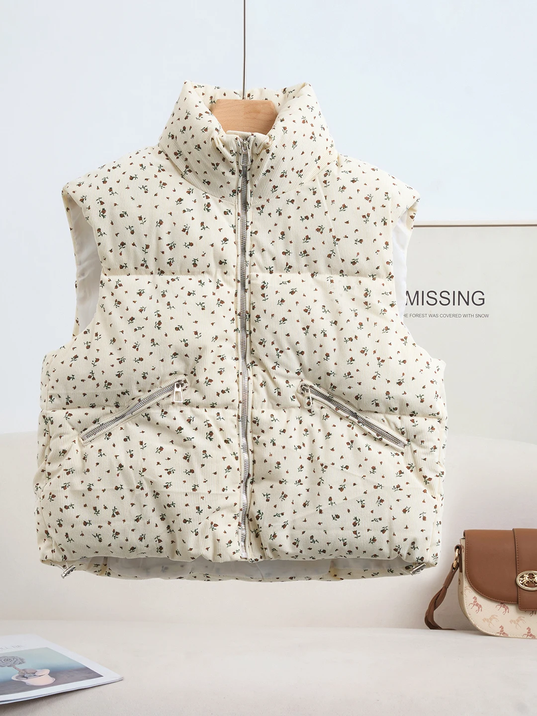 Loose Fit Floral Cotton Vest Women's Sleeveless Stand Collar Jacket Versatile Outerwear Small Size Shoulder Pad Vest