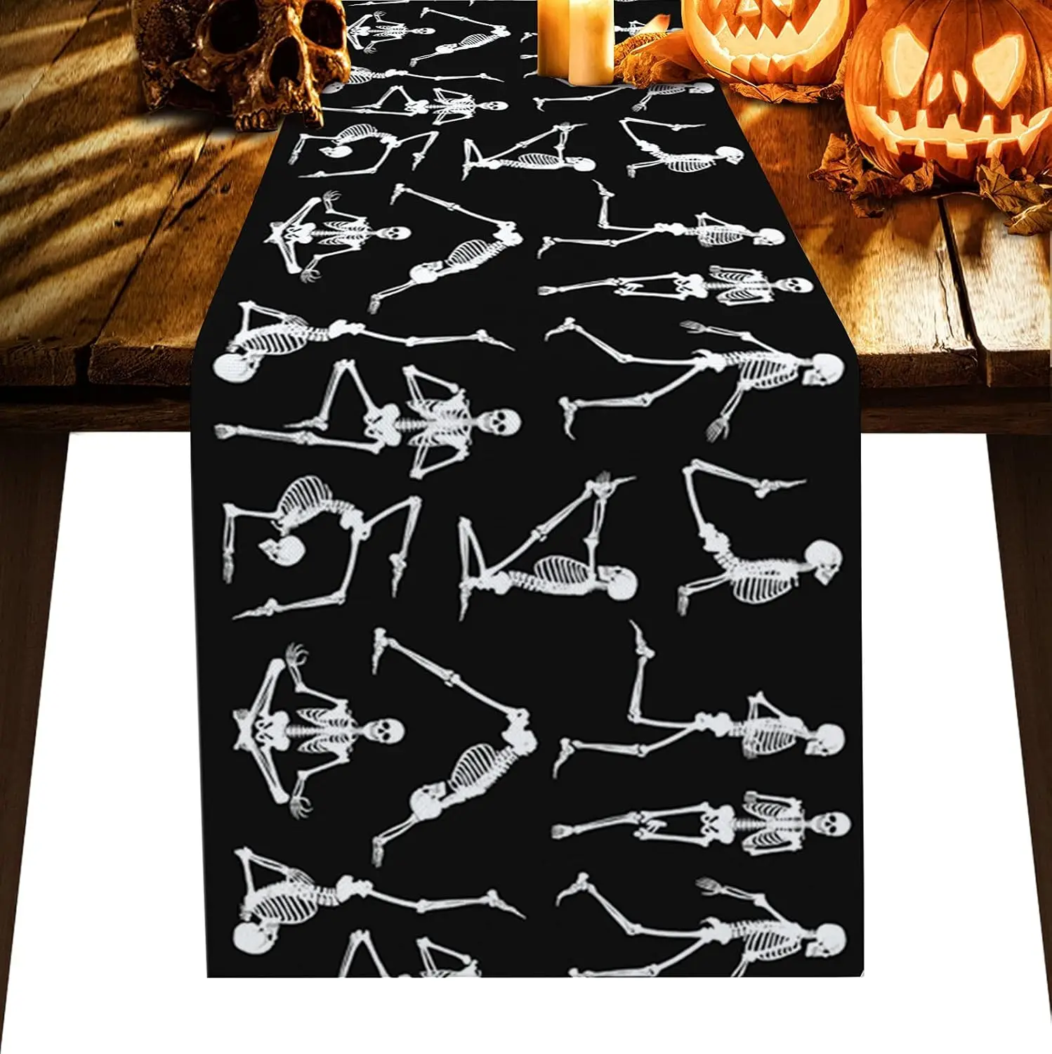 Halloween Black White Skull Skeleton Pattern Linen Table Runners Dresser Scarf Decor Reusable Dining Table Runner Party Supplies