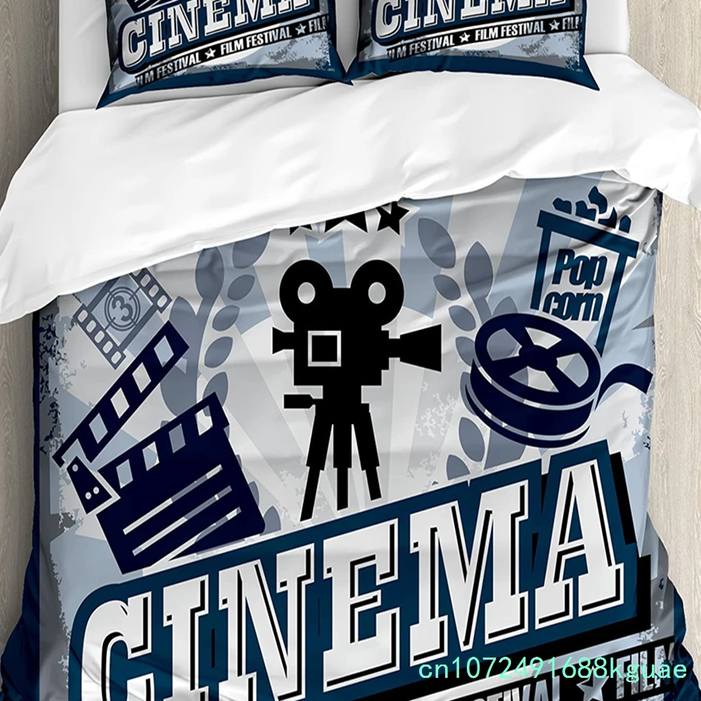 Movie Theater Bedding Set For Bedroom Bed Home Vintage Cinema Poster Design With Grunge Ef Duvet Cover Quilt Cover Pillowcase