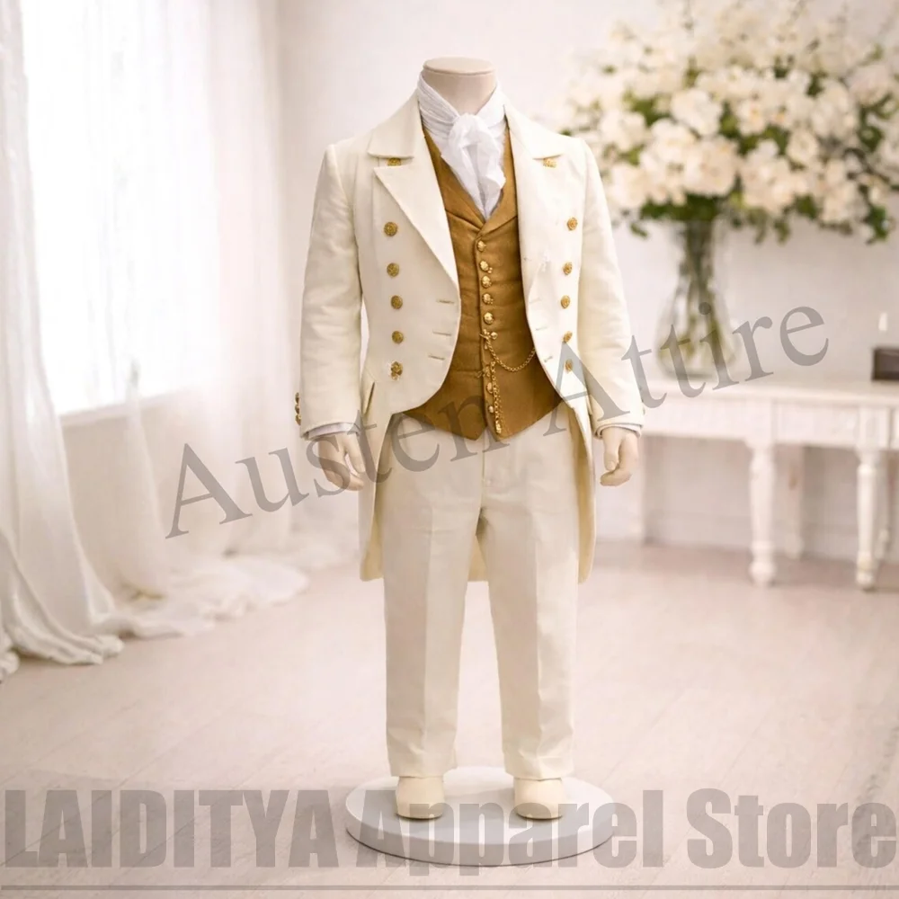 Chic Boys Long Tailcoat Three Piece Suit Double Breasted Kids Royal Wedding Page Boy Vintage Victorian Ceremony Formal Outfit