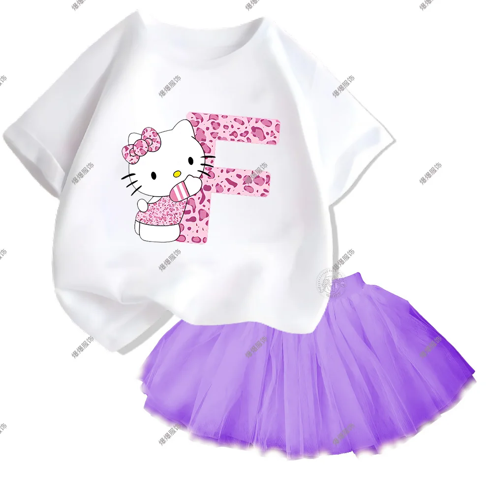 Children\'s Cotton Loose Tops Short Sleeve T-shirt and Fluffy Fashion Skirt Girls Casual Everyday Alphabet Print Hello Kitty Sets