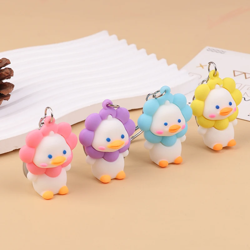 Cartoon PVC Upset Duck Keychain Pendant Decoration Car Bag Sunflower Duck Doll Keyring Pendant Small Gift For Children