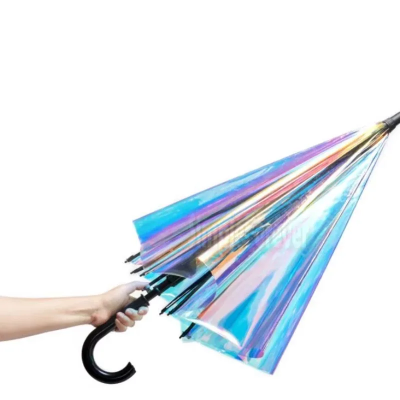 Laser Transparent Umbrella Rain Sunshade Long Handle Colorful Gradient PVC Holographic Umbrellas Outdoor Travel Umbrella