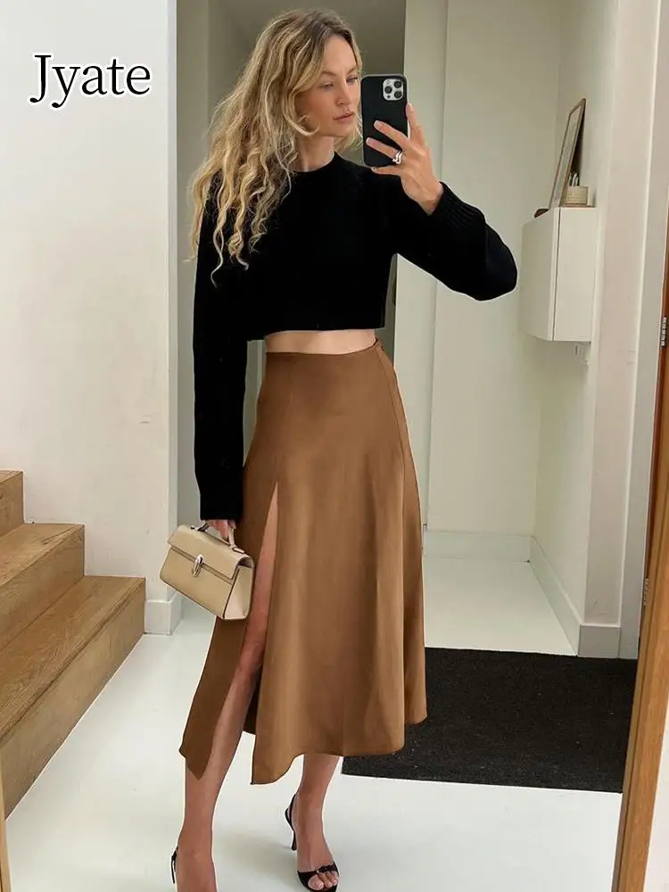 

Jyate Brown A-Line Sexy Slit Skirts Women Autumn 2023 High Waist Office Skirts Vintage Ladies Office Elegant Midi Skirts